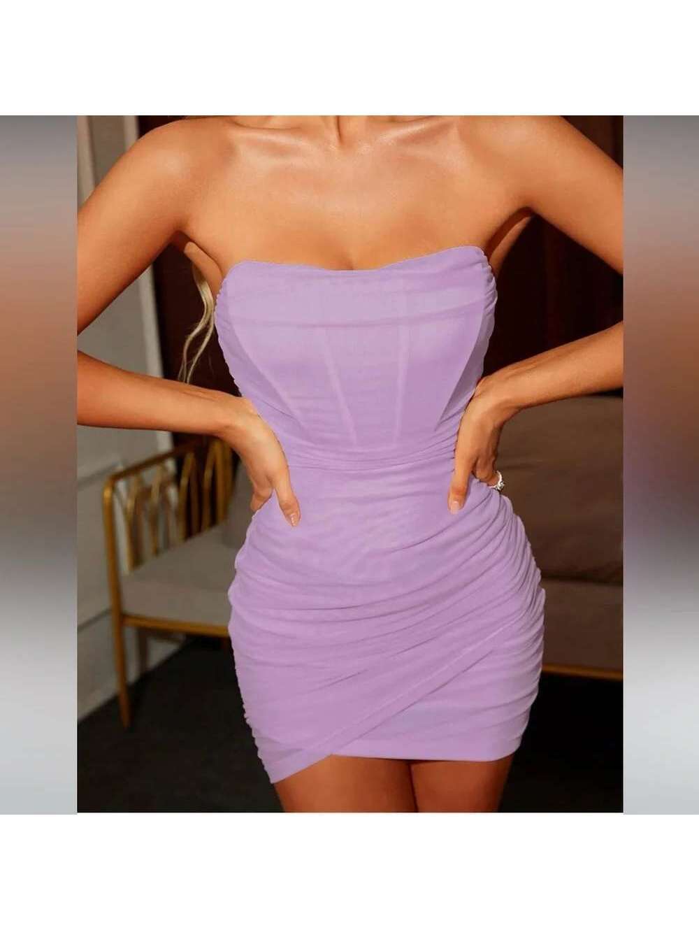 Oh Polly Mesh Corset Ruched Mini Dress Size US 10 Lavender